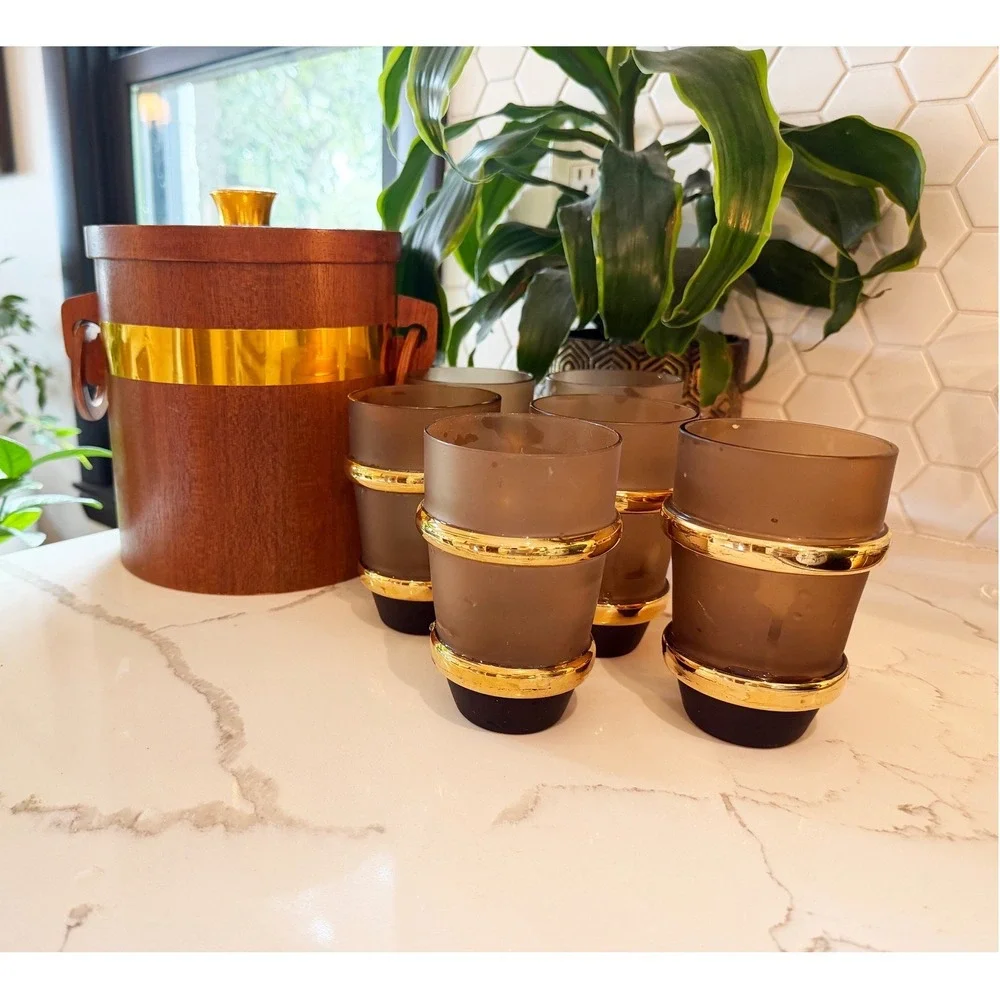 Culver Regency Frosted Gold Highball Glasses & Teak Wood Ice Bucket MCM Set